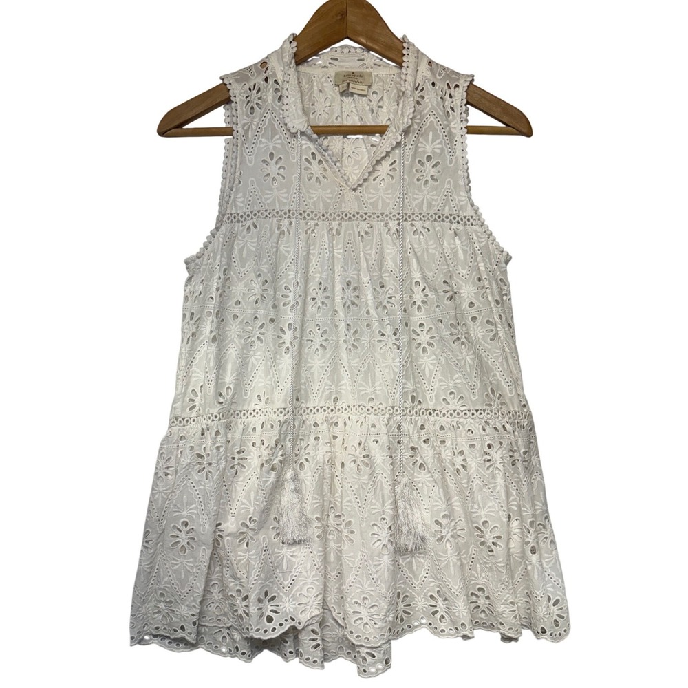 Kate Spade New York White Eyelet Peplum Sleeveless Top Tassel Tie Size S - Picture 4 of 9